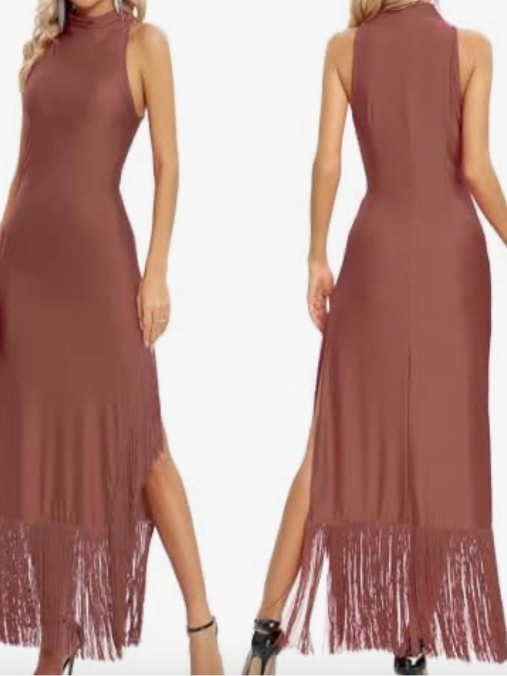 High-Neck Rust Maxi Dress with Fringe Hem